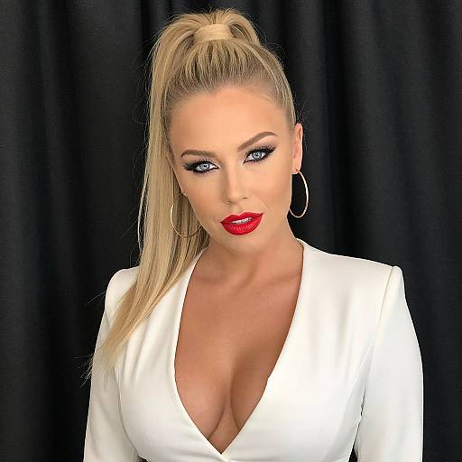 Glamorous Woman in White Blazer with Red Lipstick and High Ponytail