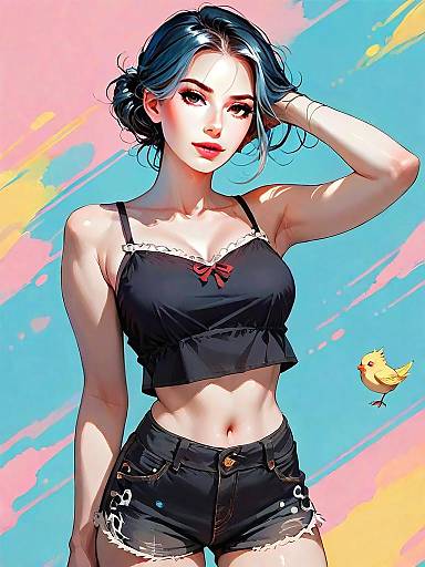 Chic Woman in Black Silk Camisole with Deep V Neckline in Modern Digital Art