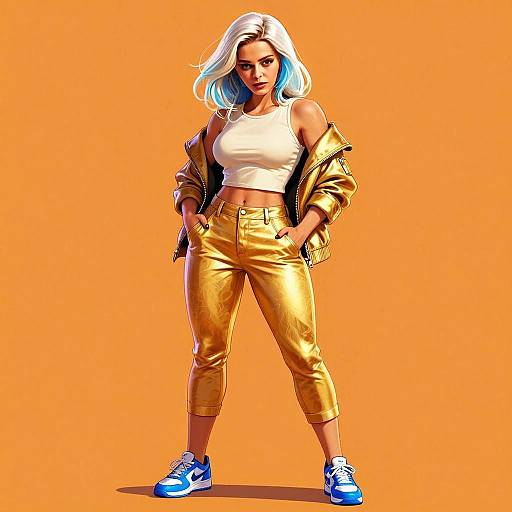 Stylish Woman in Gold Pants and Urban Streetwear on Orange Background