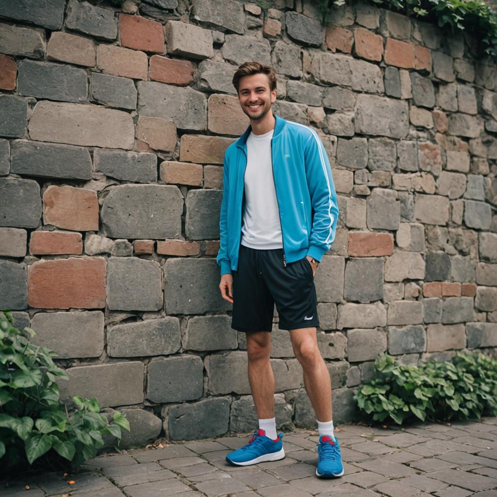 Cheerful man in blue athletic wear against stone wall