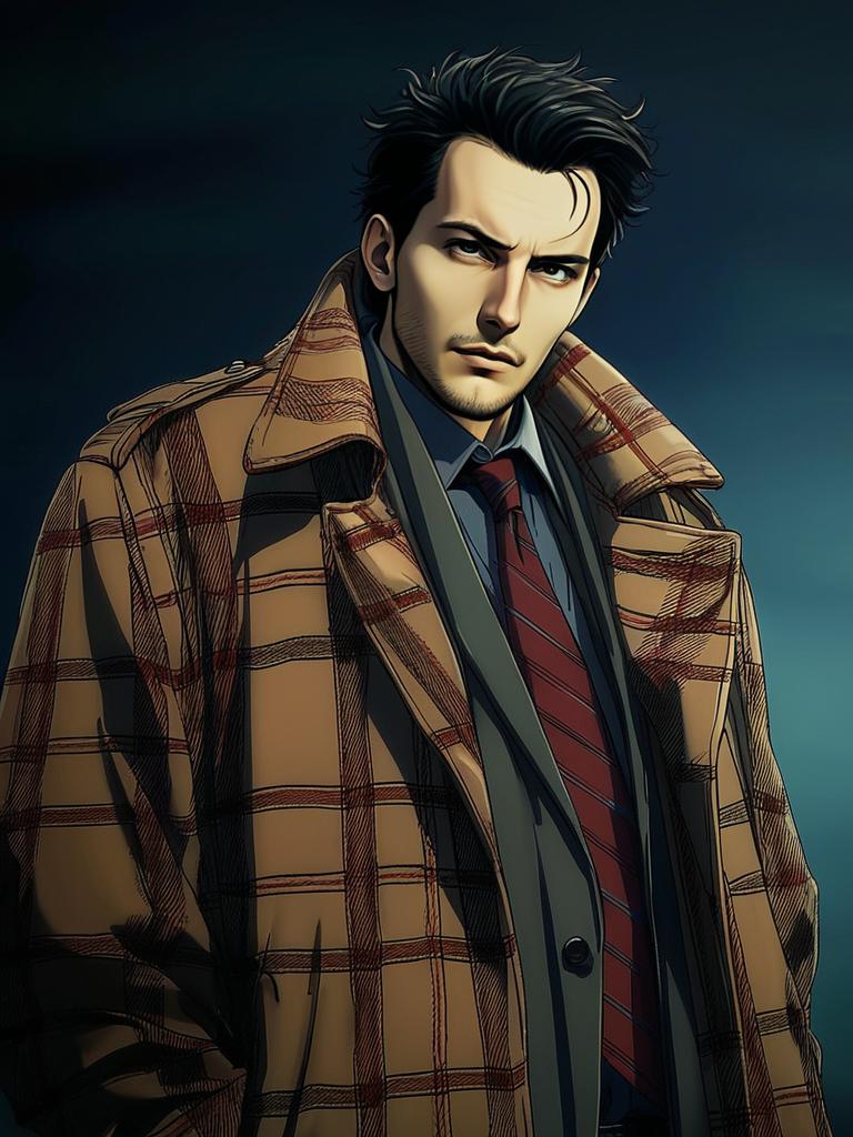 Serious Man in Brown Plaid Trench Coat