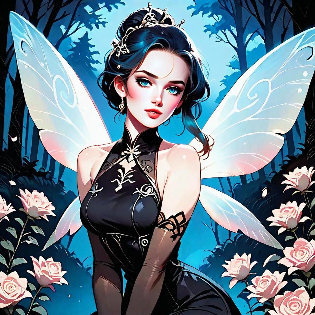 Elegant Fairy Woman in Black Dress with Wings in Mystical Forest Digital Art