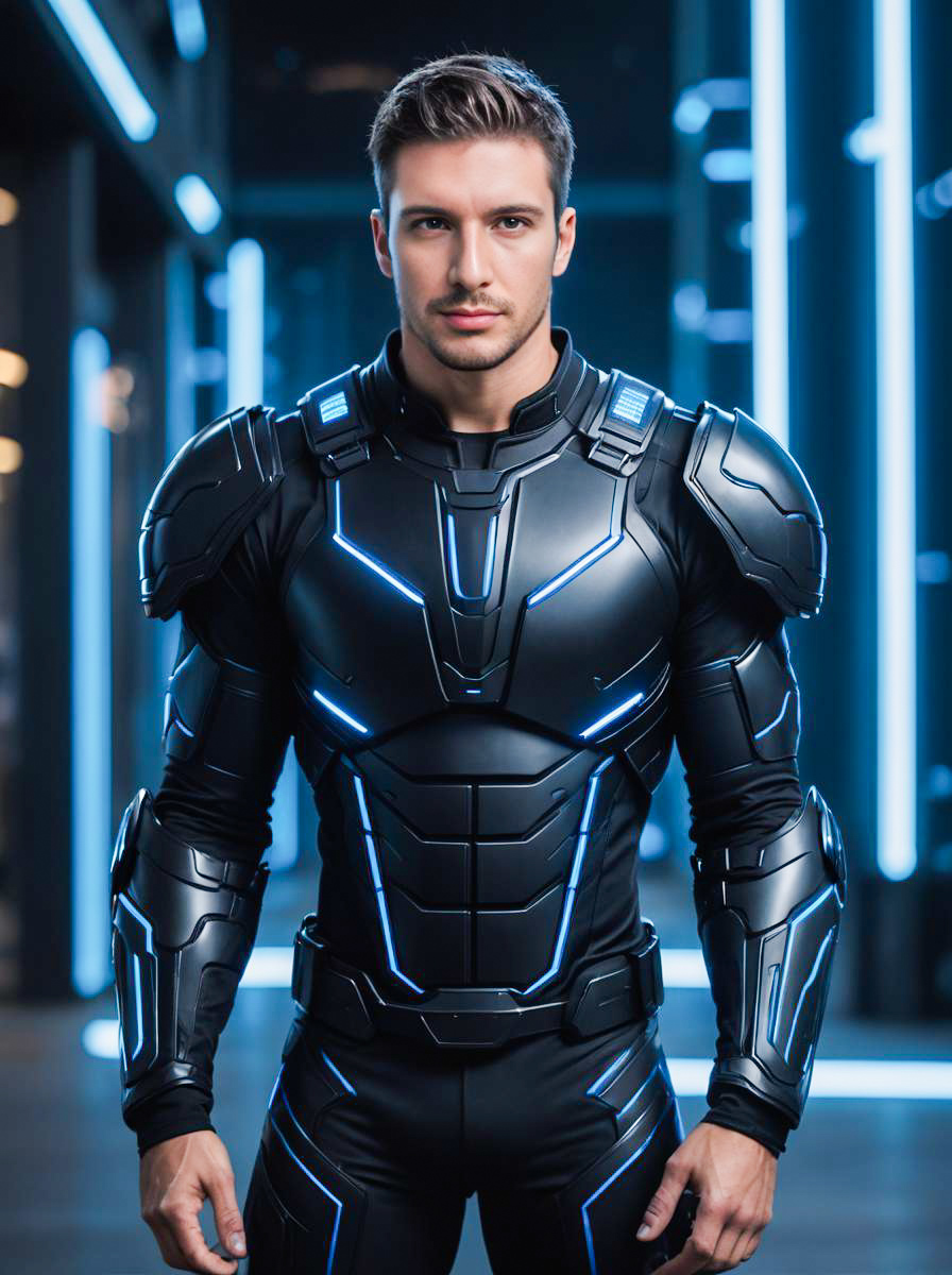 Futuristic Man in High-Tech Black Suit with Blue Accents