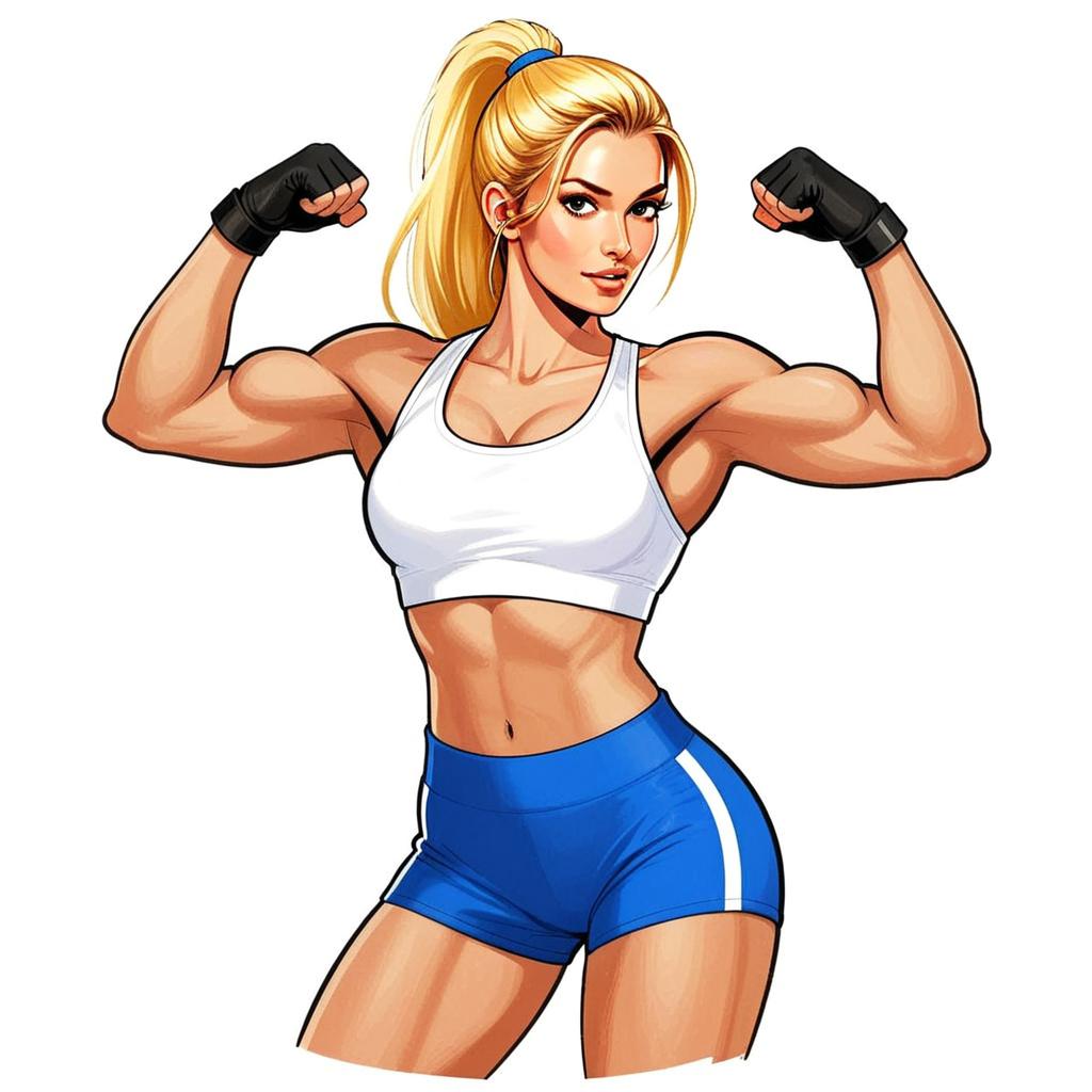 Muscular Woman Flexing in White Sports Bra and Blue Shorts Digital Illustration