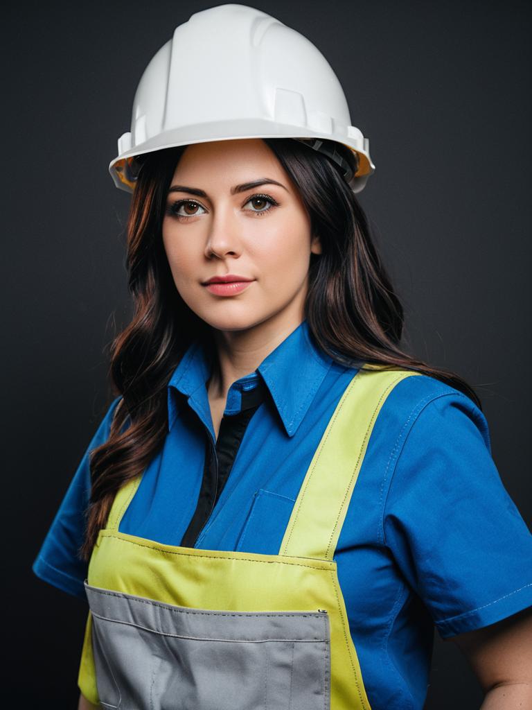 Professional Woman in Construction Project Costume with Safety Helmet