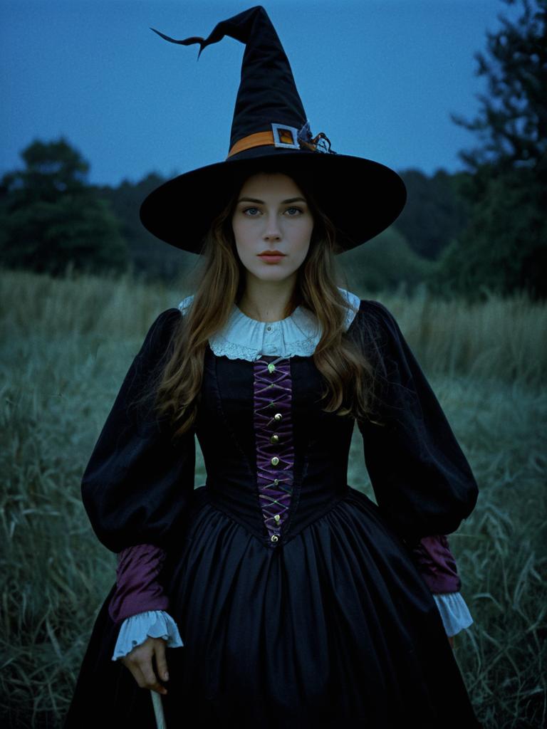Photorealistic Woman in Elizabethan Witch Costume Outdoor Portrait