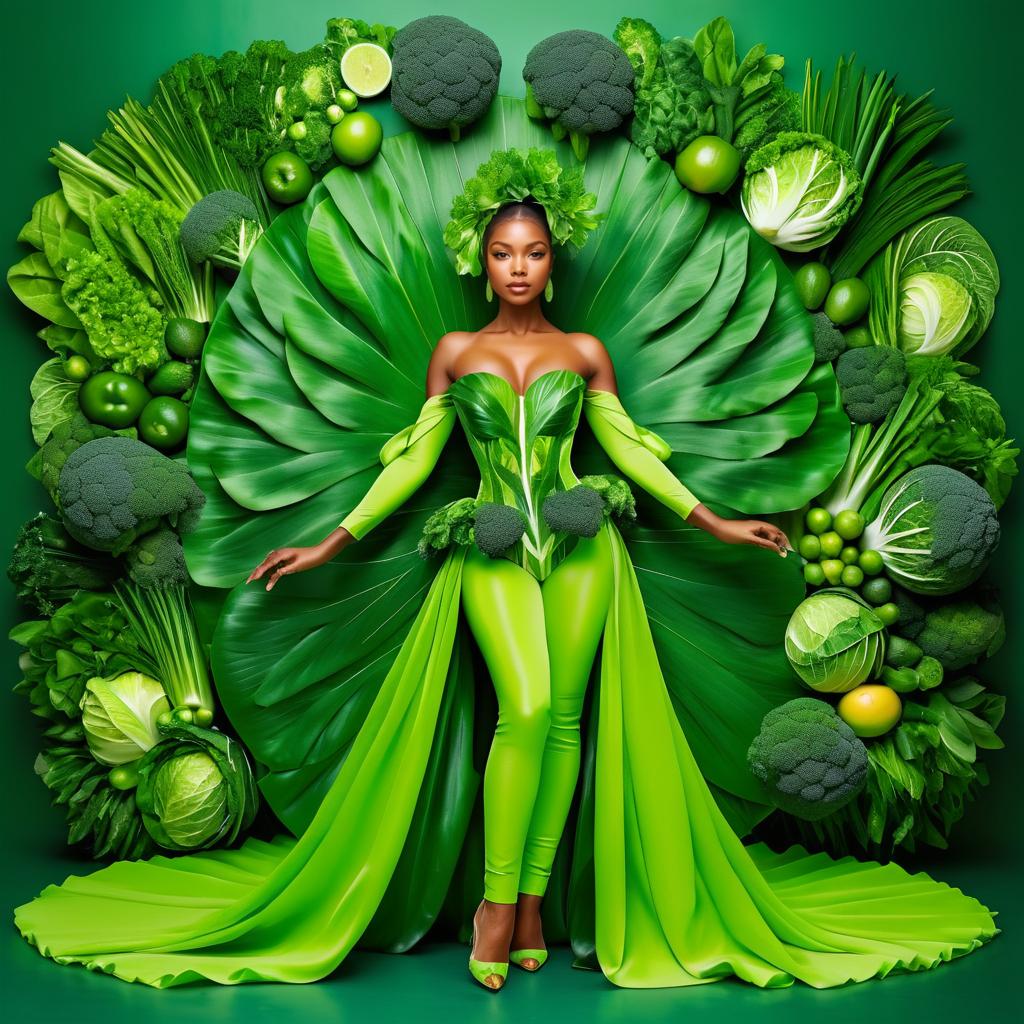 Woman in Green Nature-Inspired Outfit Surrounded by Vegetables