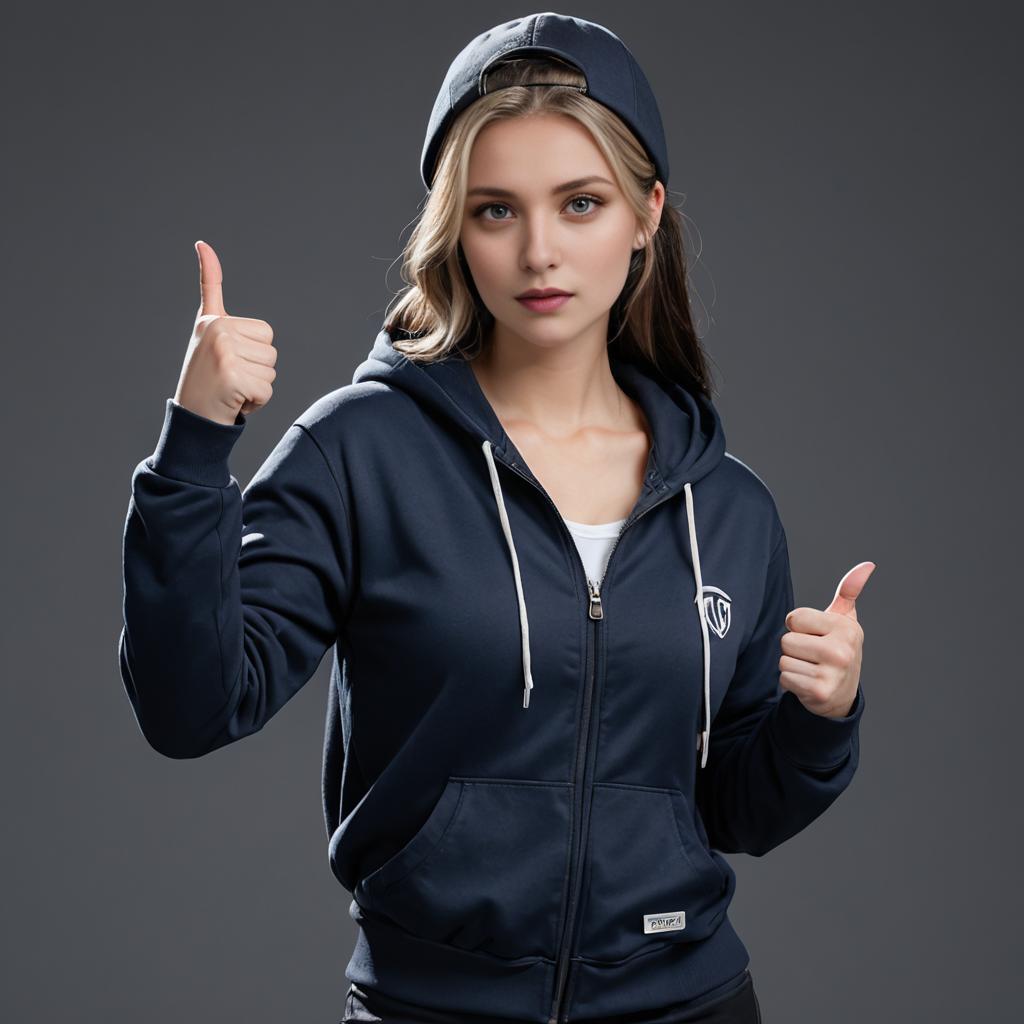 Confident woman in navy hoodie giving thumbs up