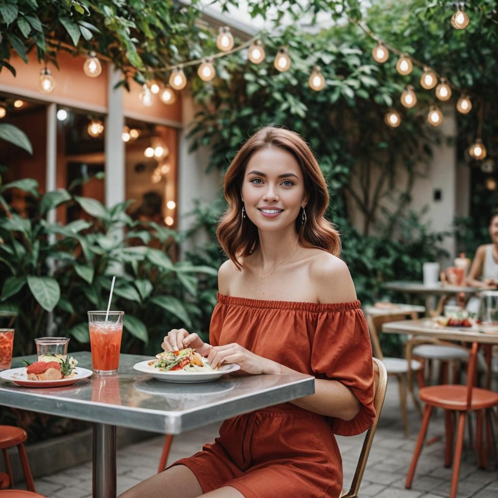 Stylish Woman in Terracotta Dress at Outdoor Cafe