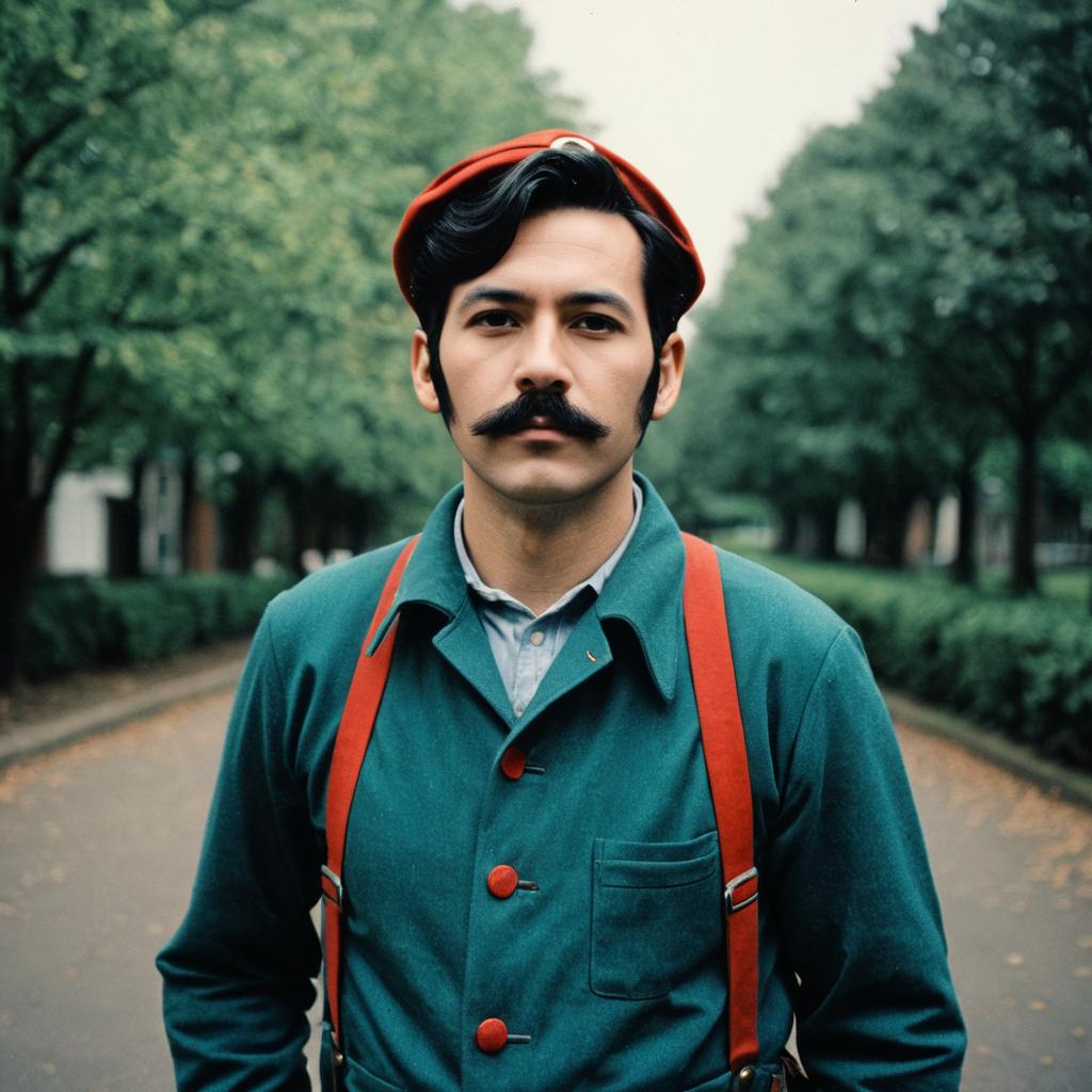 Stylish Man in Vintage Outfit with Red Beret and Suspenders Outdoors