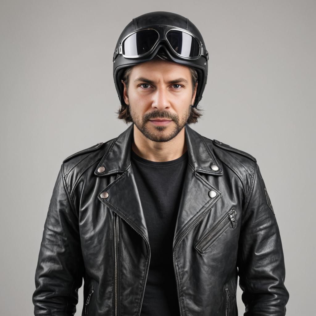 Confident Man in Leather Jacket and Helmet