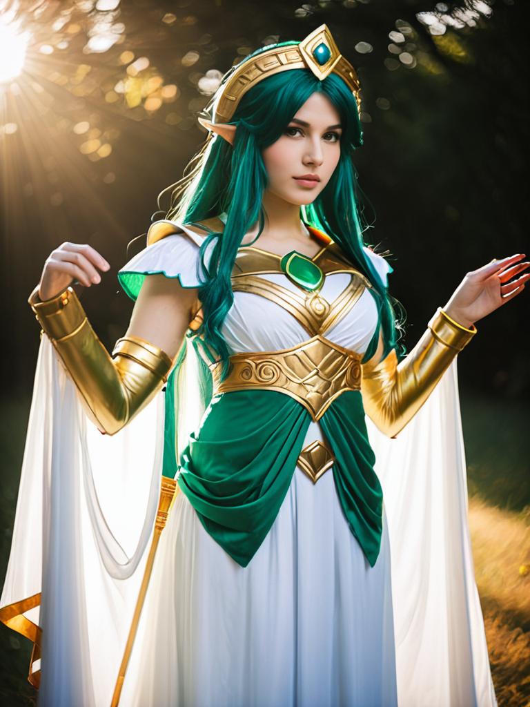 Realistic Palutena Cosplay Woman in Detailed Fantasy Costume Outdoor Photo