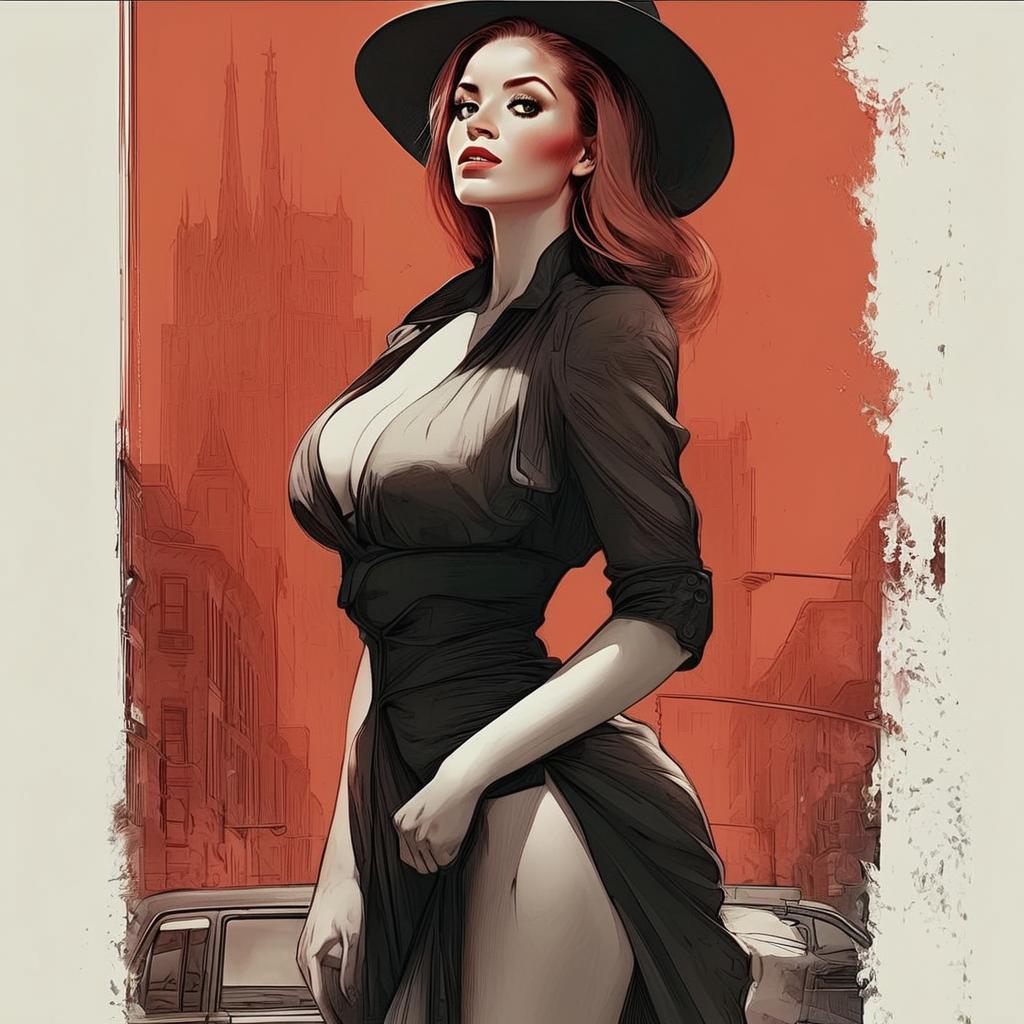 Stylish Woman in Black Outfit Urban Digital Art Illustration