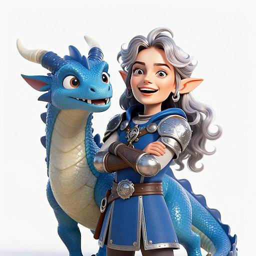 3D Fantasy Elf Woman with Blue Dragon in Medieval Armor