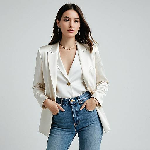 Woman Wearing Cream Satin Blazer with Single Button Closure and Blue Jeans
