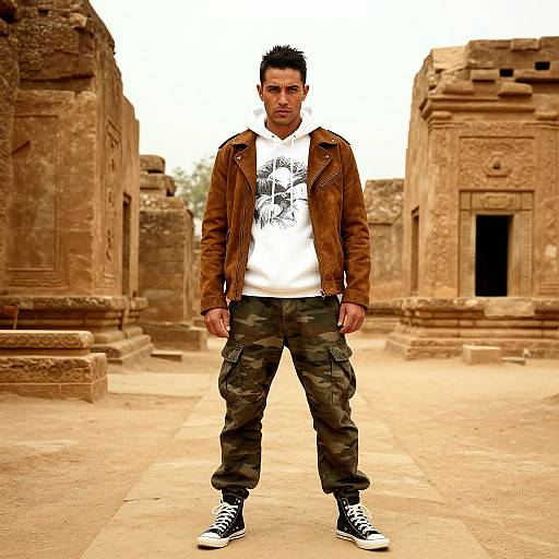 Man in Urban Fashion Pose Among Ancient Stone Ruins