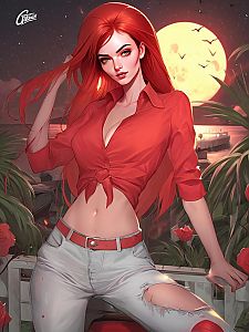 Confident Young Woman with Red Hair Against Full Moon