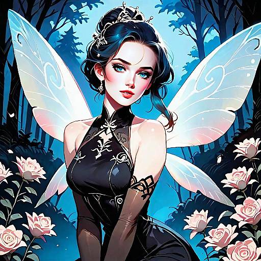 Elegant Fairy Woman in Black Dress with Wings in Mystical Forest Digital Art