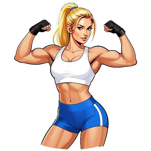 Muscular Woman Flexing in White Sports Bra and Blue Shorts Digital Illustration