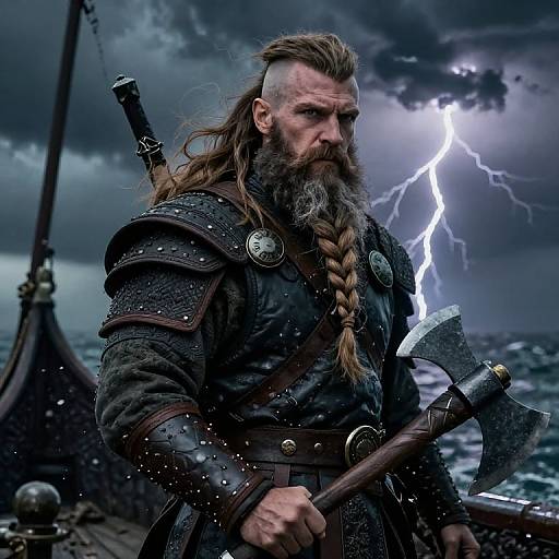 Viking Warrior with Battle Axe on Stormy Sea Ship