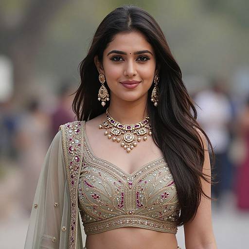 Elegant Young Woman in Traditional Indian Embroidered Outfit with Jewelry