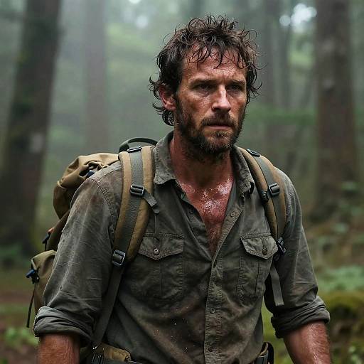 Rugged Man Hiking Through Misty Forest with Backpack