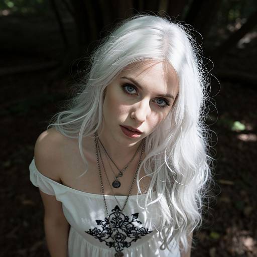 Woman with White Hair in Off-Shoulder Dress in Dark Forest