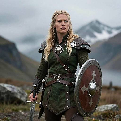 Vikings Lagertha Woman in Green and Brown Outfit with Sword and Shield