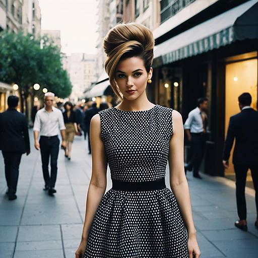 Retro Fashion Woman in Polka Dot Dress on City Street