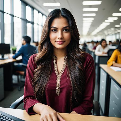 Confident Woman in Traditional Kurta Working in Modern Office