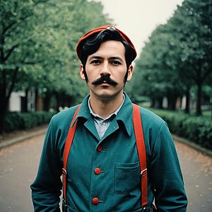 Stylish Man in Vintage Outfit with Red Beret and Suspenders Outdoors