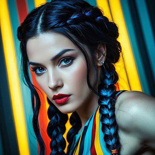 Portrait of Woman with Braided Blue Hair and Neon Lights Background
