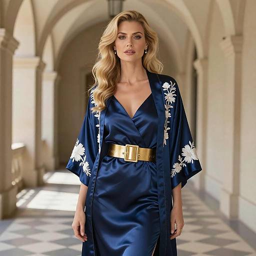 Elegant Woman in Navy Satin Dress and Embroidered Kimono with Gold Belt