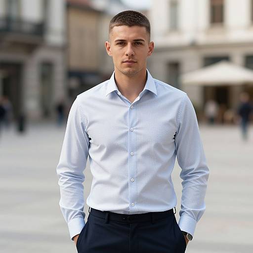 Confident Young Man in Light Blue Dress Shirt Urban Portrait