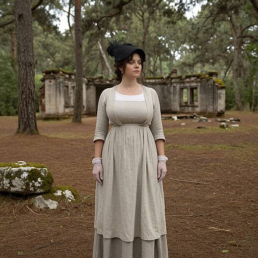 Woman in Regency Dress Standing by Ruins in Forest