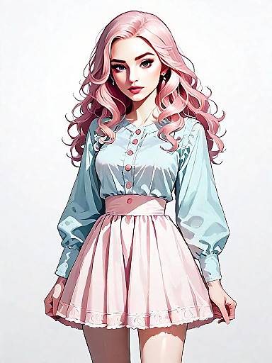 Realistic Comic Style Woman with Pink Hair in Bohemian Pastel Outfit
