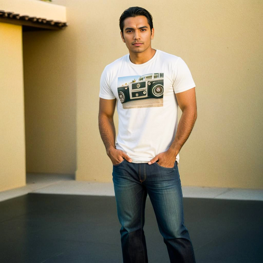 Confident man in stylish vintage car t-shirt and jeans