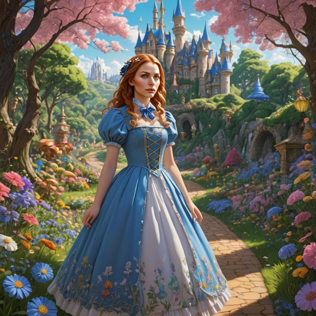 Young Woman in Blue Dress Near Fantasy Castle in Flower Garden