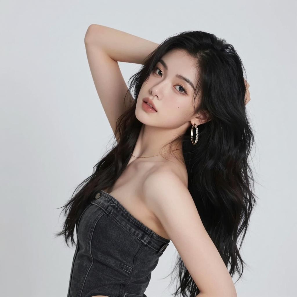 Stylish Gen Z Woman in Strapless Denim Top and Hoop Earrings