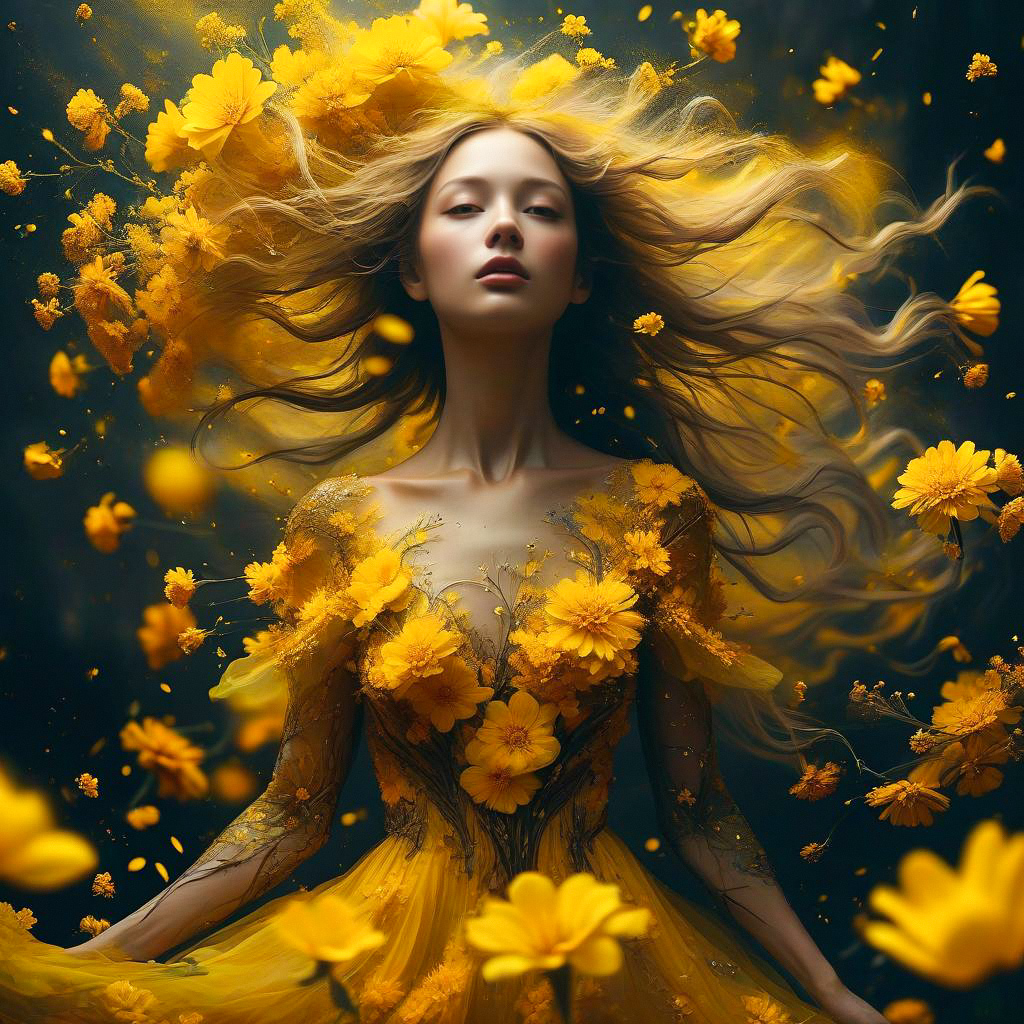 Woman in Yellow Dress Surrounded by Flowers
