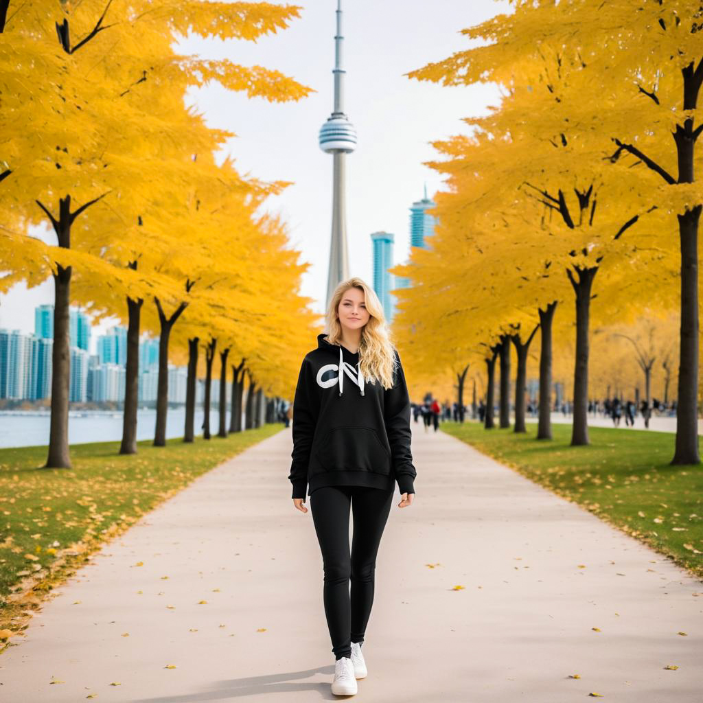 Young Woman in Autumn Toronto with CN Tower