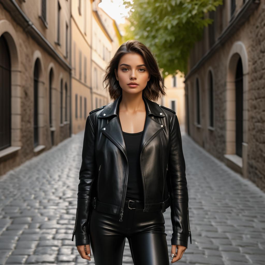 Confident Woman in Leather Jacket on Cobblestone Street