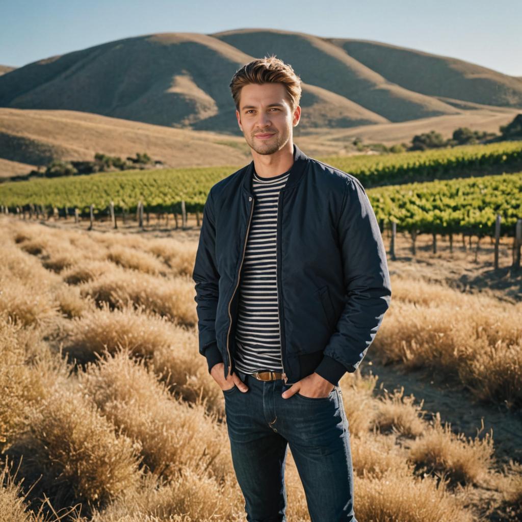 Confident Man in Vineyard with Rolling Hills