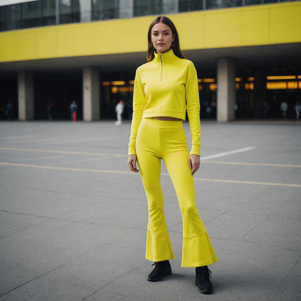 Woman in Vibrant Yellow Cropped Top and Flared Pants Urban Street Style