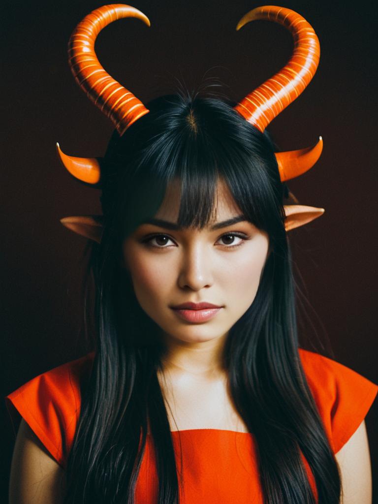 Fantasy Woman with Curved Orange Horns and Elf Ears in Red Outfit