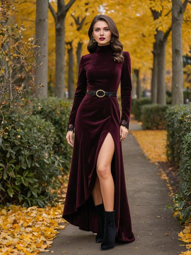 Elegant Woman in Burgundy Velvet Dress