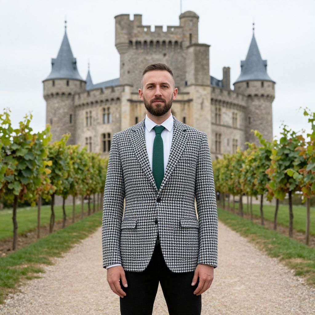 Man in Houndstooth Blazer Standing by Historic Castle with Vineyards