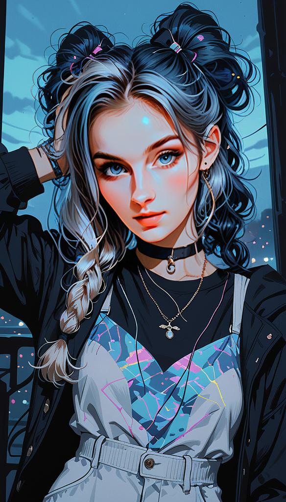 Young Woman with Blue and Black Pigtails in Urban Cityscape