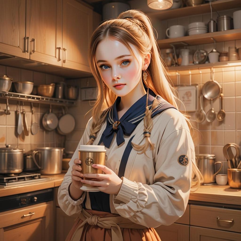 Anime-Style Young Woman Holding Coffee Cup in Cozy Kitchen Interior