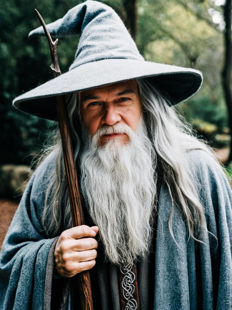 Photorealistic Portrait of Man in Gandalf Cosplay Costume with Staff